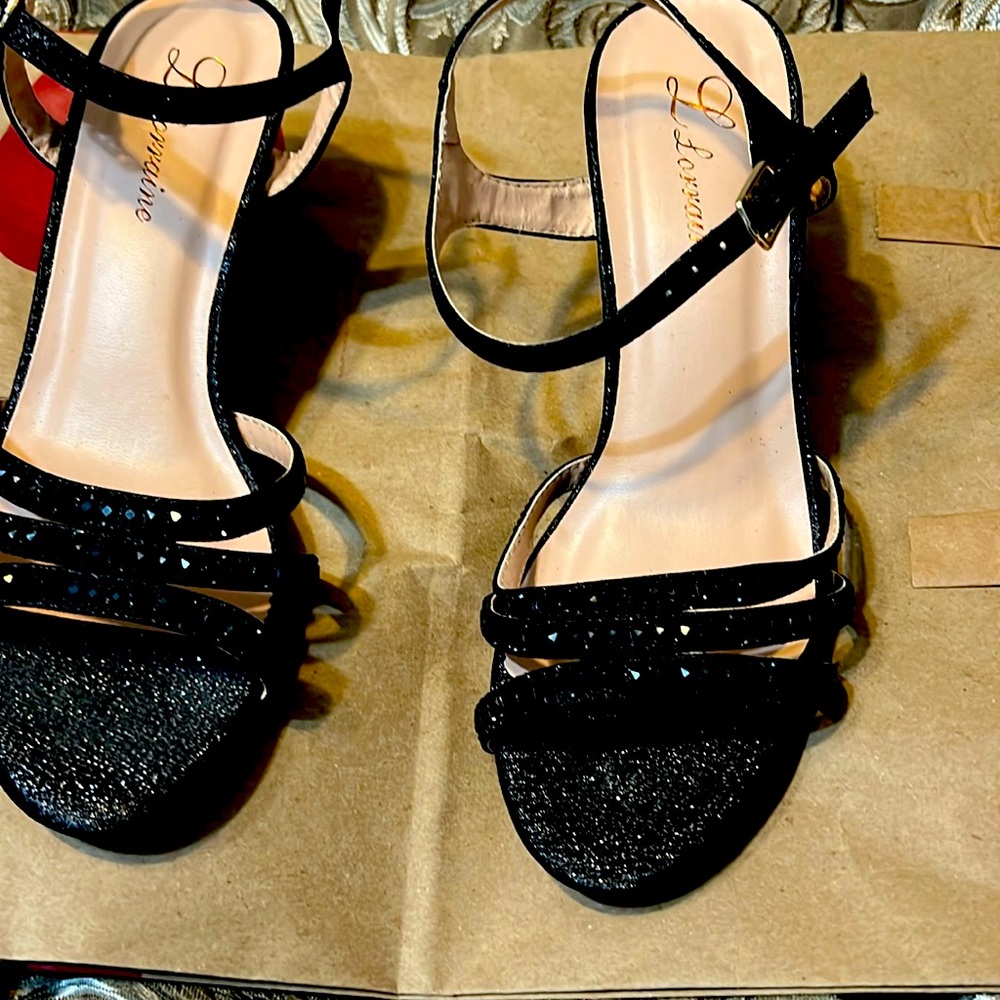 Lorraine dressy black kitten heel sandals,